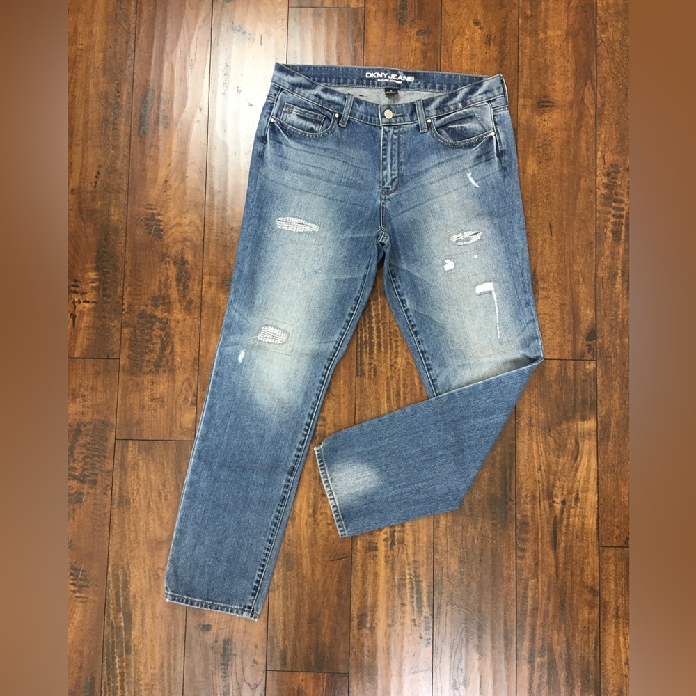 DKNY Bleeker Boyfriend Jeans Women’s Size 10 Distressed Patchwork Denim.